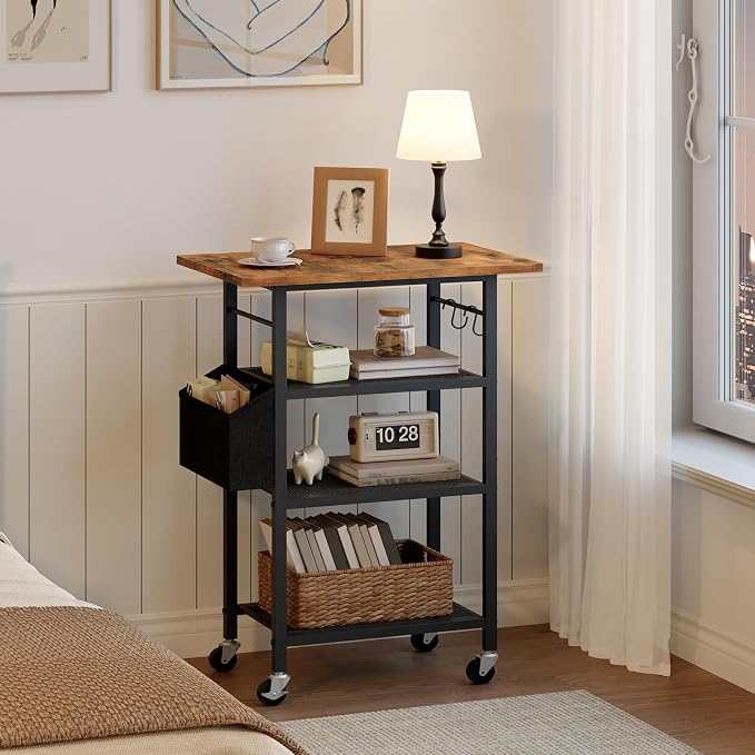 MAHANCRIS 4-Tier Printer Stand, Rolling Printer Table on Wheels, Industrial Storage Stand with Side Pocket, Wooden Tabletop, 2 S-Shaped Hooks, for Home Office, Rustic Brown and Black PTHR2601