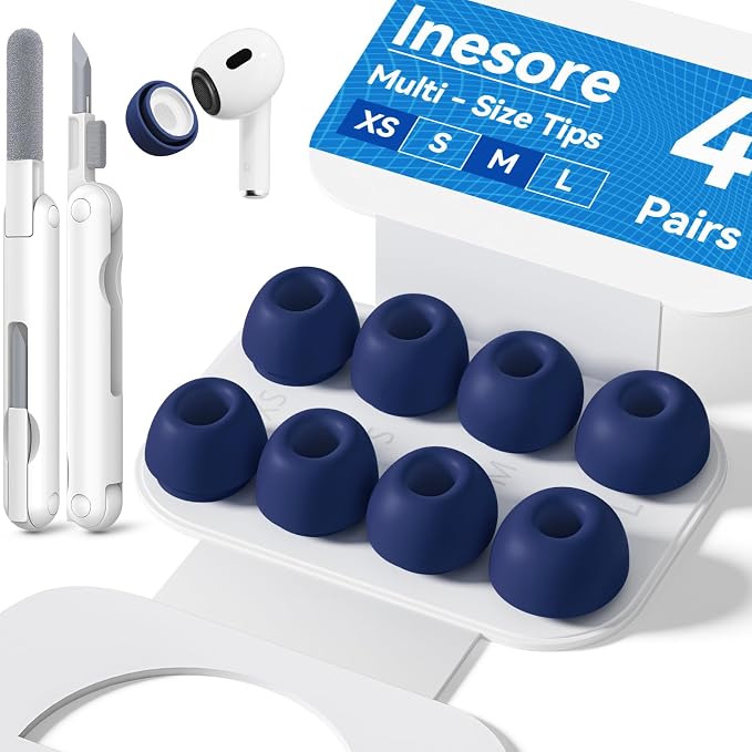 Inesore 4 Pairs Replacement Ear Tips for AirPods Pro 2nd/1st (Dark Blue) | with Noise Reduction Hole & Built-in dust Guard Screen,Silicone,with Portable Storage Box & Cleaner Pen,4 Size (XS/S/M/L)