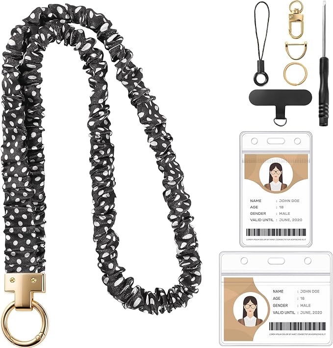 Prudiut Scrunchie Lanyard for Id Badges, Retractable Teacher Lanyards Cute Stretchy Scrunchie Lanyard with Id Holder for Women (Black Polka Dot)