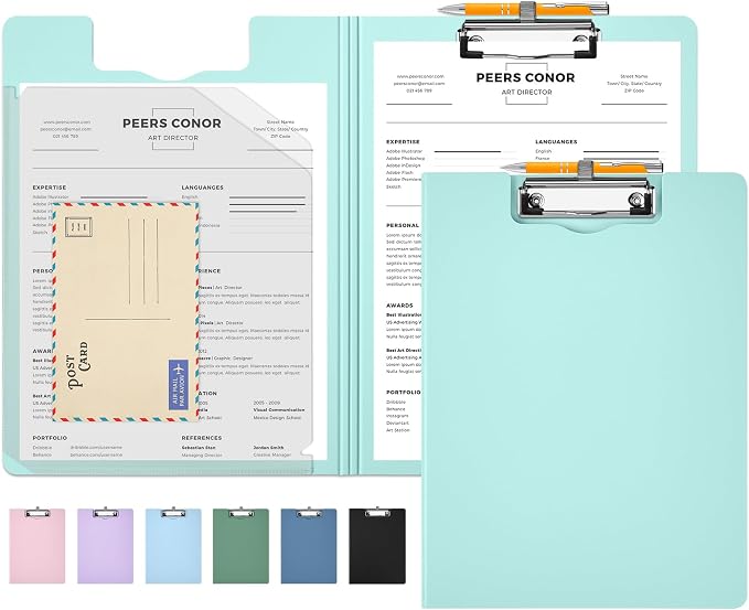 Sooez Foldable Clipboard Folder, A4 Folding Clip Board with Pen Loop 8.5x11 | 2 Tabbed Pockets, 360° Portfolio, Binder Clipboards with Low-Profile Metal Clip, Folio Storage for Nursing, School & Office