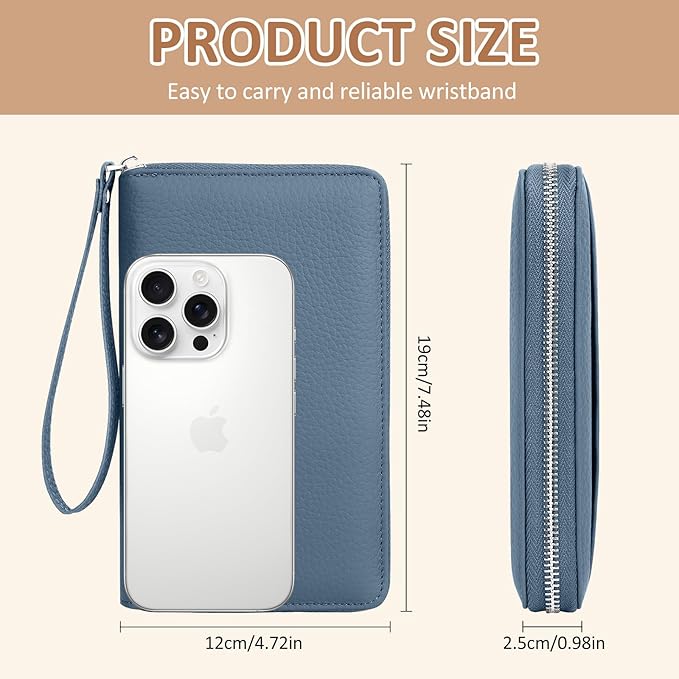 RFID Passport Holder for Travel Family with Coin Pocket, Blue | Leather Passport Cover for 2, Travel Document Organizer with Wrist Strap & 24 Card Slots, for Women Men
