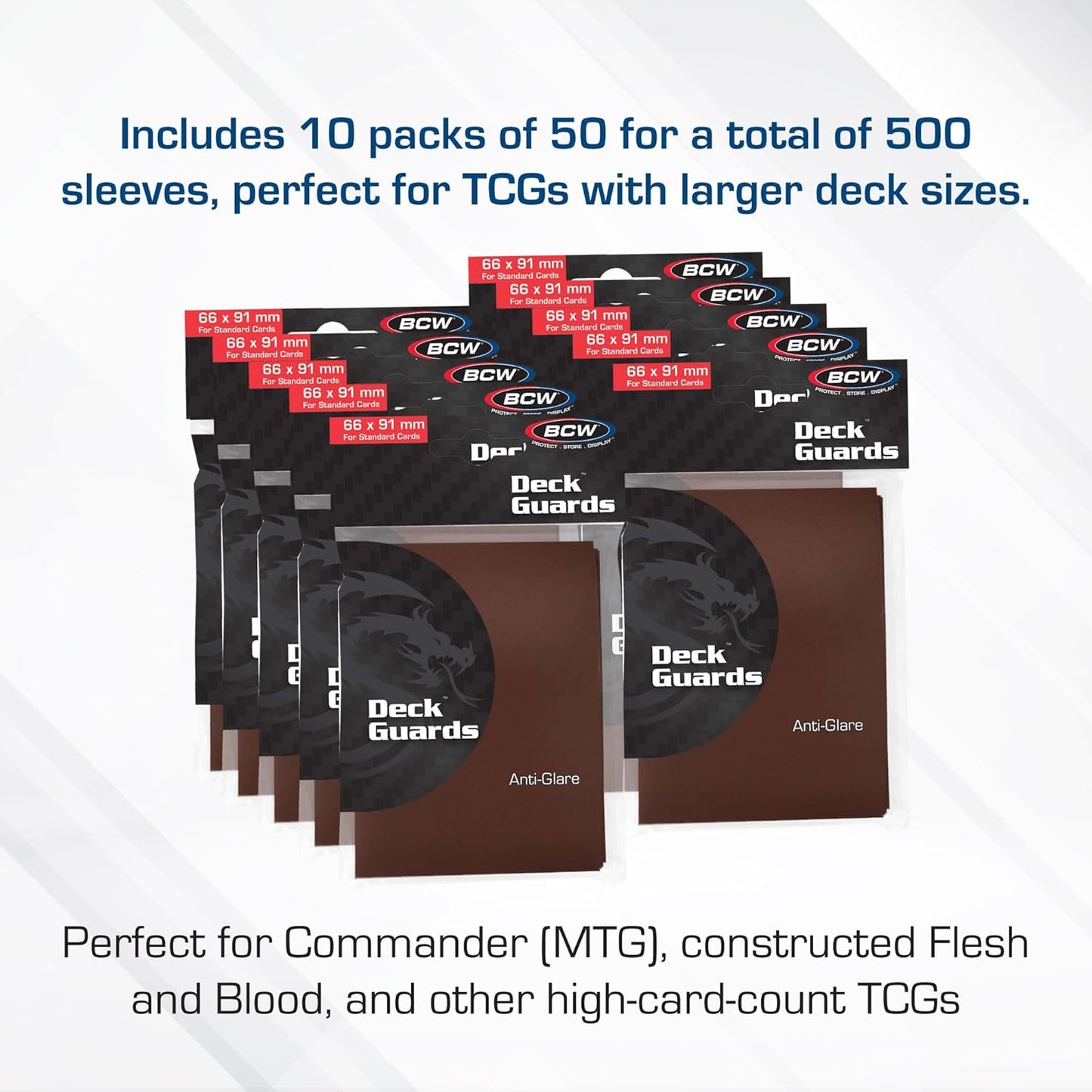 BCW Deck Guard Double Matte Card Sleeves – 500 Count (10 Packs of 50) – Acid-Free, No PVC – Fits 2.5" x 3.5" Game Cards – Archival Safe Card Protection – Brown