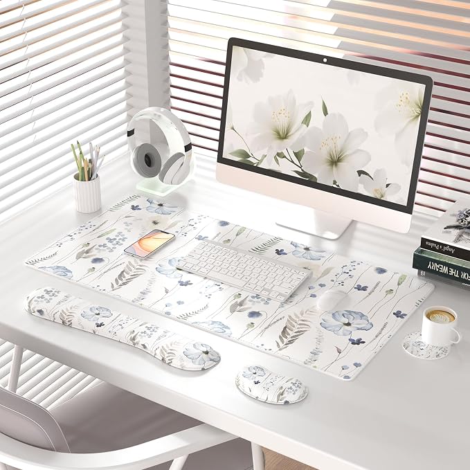 QIYI PU Leather Desk Mat Set, 4-in-1 Ergonomic Wrist Rest, Wildflowers | Waterproof Large Mouse Pad 31.5×15.7 + Keyboard Wrist Rest + Mouse Wrist Support+Coaster, Non-Slip Office Gaming Accessories