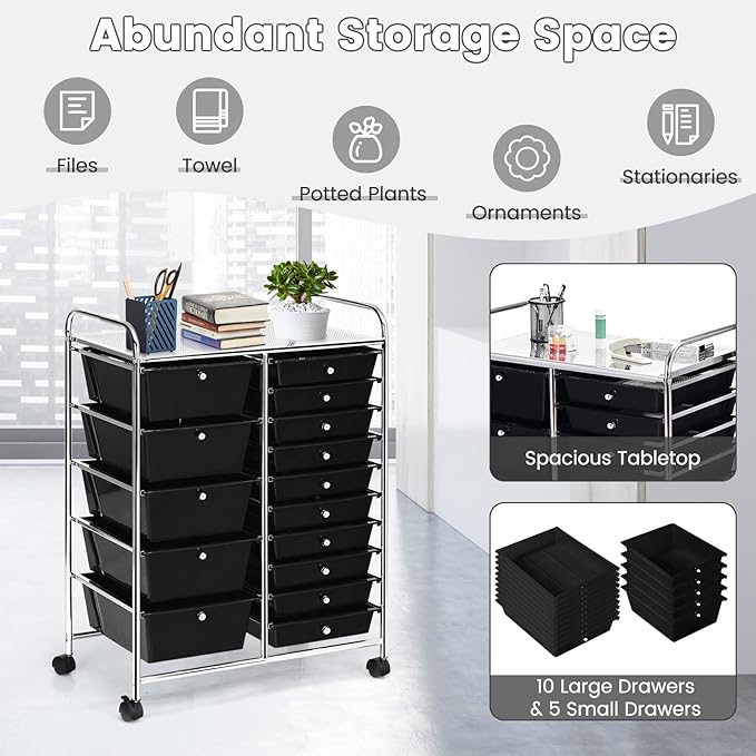 COSTWAY 15 Drawer Rolling Storage Cart, Mobile Storage Organizer | Removable Drawers & Metal Frame, Multipurpose Utility Tools Paper Organizer on Wheels for Home, Office (Black)