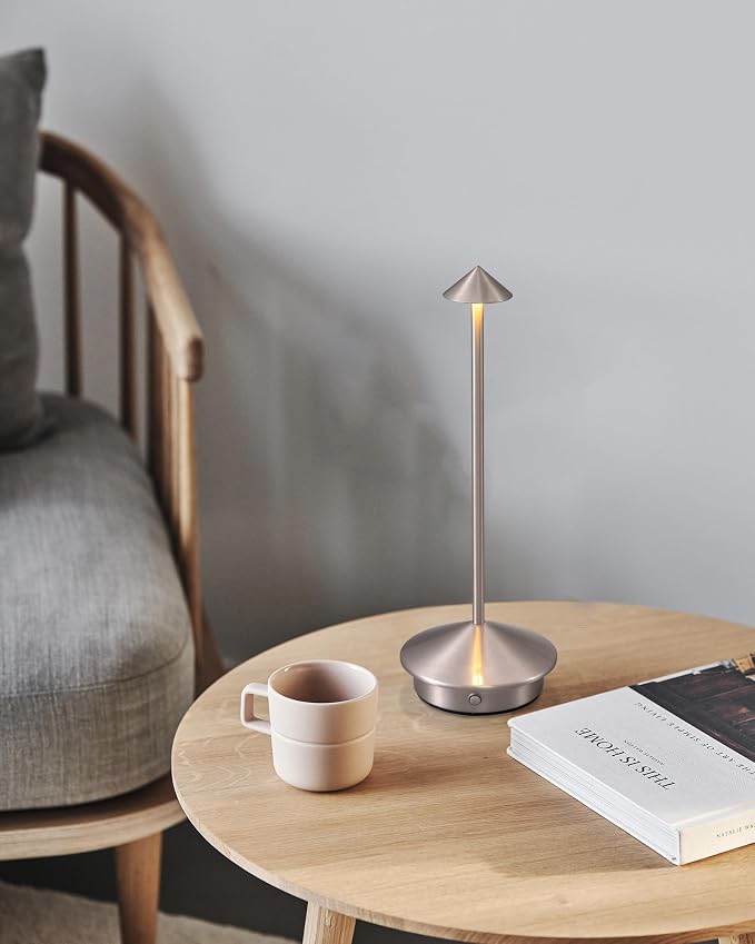 Modern Cordless Table Lamp Set of 2, Brushed Nickel LED Desk Lamps | 5000mAh, Rechargeable, Battery Operated Lighting for Bedroom, Dining Room, Restaurant, Coffee Shop, Camping, Night Light