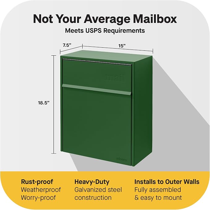Adoorn Lockable Wall Mount Mailboxes for Outside - Large Anti-Theft Locking Mailbox for Letters - Weatherproof Construction - Durable Steel - 18.5" H x 15" L x 7.5" D - Forest Green