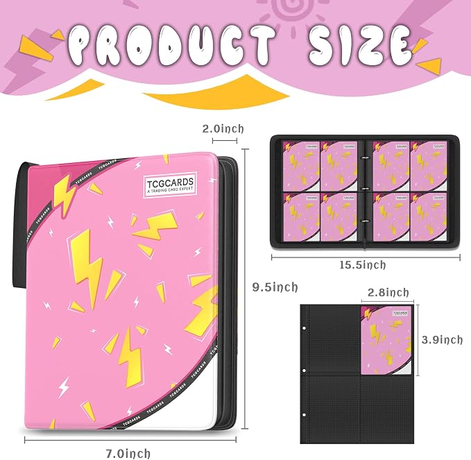 Trading Card Binder 4 Pocket,Card Binder 400 Pockets,Card Book Holder Cards with 50 Removable Sleeves,3-Ring Zip Design MTG/TCG/Sport Collectible Trading Card Albums Gifts for Boys and Girls (Pink)