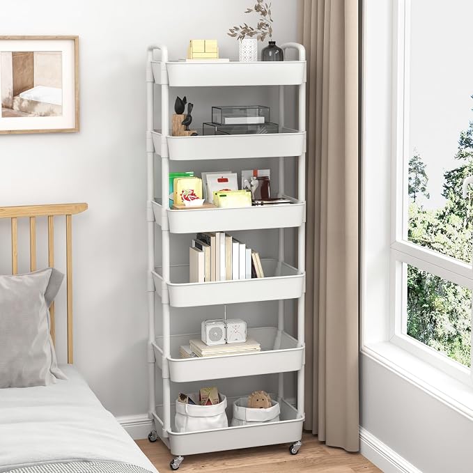 Sywhitta 6-Tier Plastic Rolling Utility Cart with Wheels for Storage,White | Multi-Functional Storage Trolley, for Office, Living Room, Kitchen, Bathroom,Movable Organizer,Space-Saving,Easy to assemble