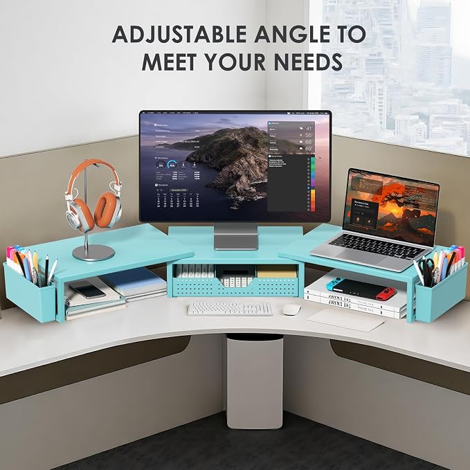 Desk Organizers and Accessories, Dual Monitor Stand Riser with Drawer and 2 Pen Holders, Desk Shelf Computer Monitor Stand for Office Workspace Organizers, Desktop Organization (Blue)