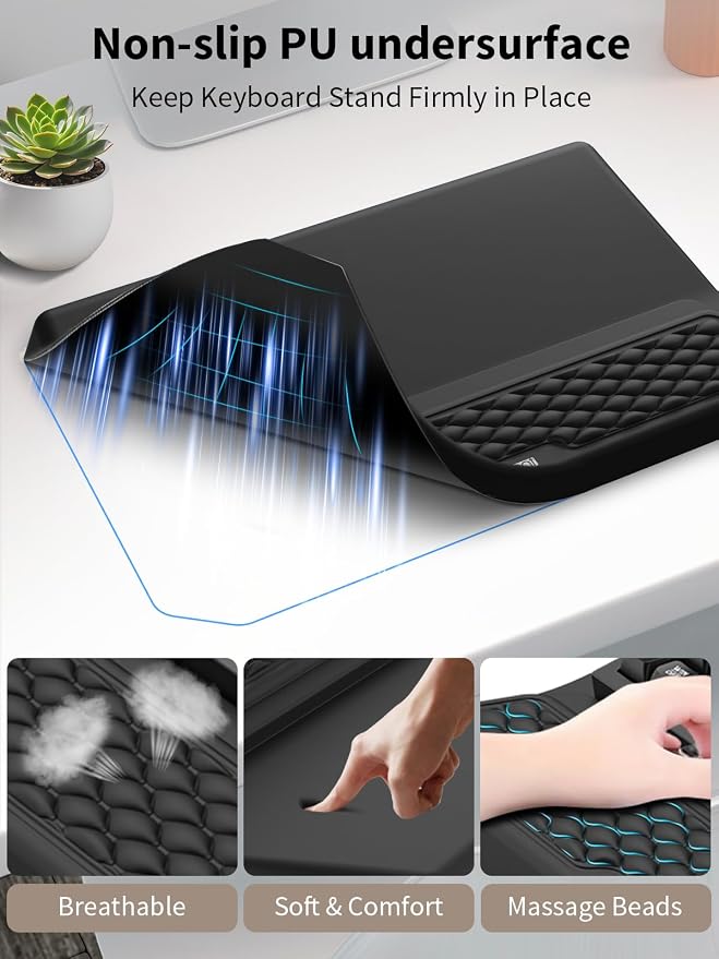 3-in-1 Ergonomic Keyboard Stand with Wrist Rest & Mouse Pad Set, Black | Comfy Keyboard Riser Holder Soft Mousepad with Massage Design, Memory Foam and Non-Slip PU Base for Pain Relief