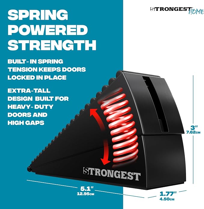 STRONGEST HOME Stoppers for Bottom of Door – Heavy Duty Metal Rubber Door Stopper, Non-Slip Door Stop for Heavy Doors, Works on Wood, Tile & Carpet Floors, Folding Black 2 PC + 2 White Wall Protectors