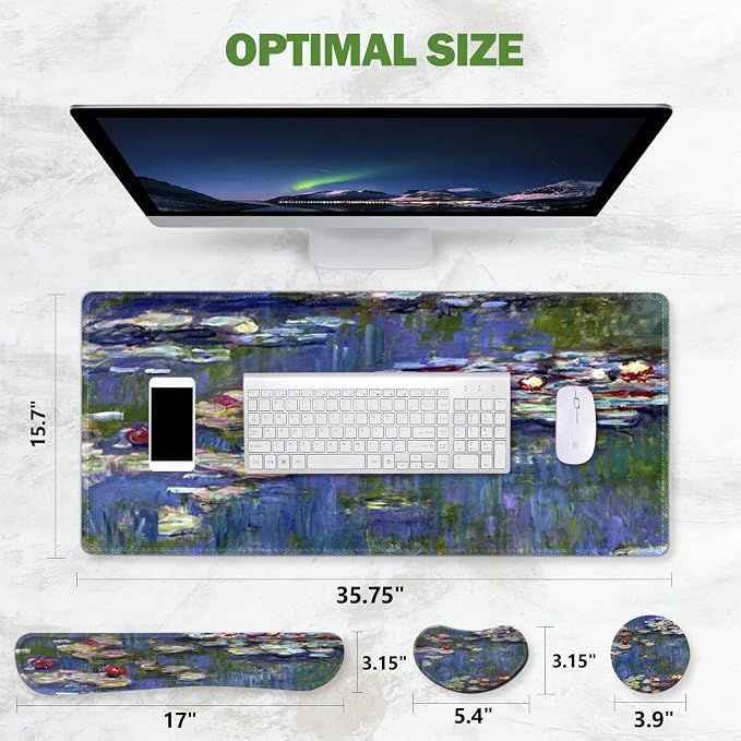 ToLuLu Extended Gaming Mouse Pad, Ergonomic Keyboard Mouse Wrist Rest Set | Large Desk Mat with Stitched Edges, Non-Slip Base Memory Foam Support Mousepad for Home Office Game, Monet Water Lilies
