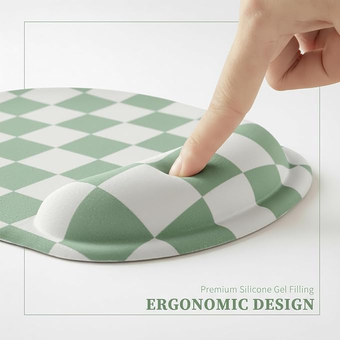 Ohocut Sage Green Checkered Mouse Pad with Gel Wrist Rest, Wrist Support, Ergonomic Desk Accessories for Women, Office Laptop Gaming Decor, Cute Aesthetic Trendy Check Design