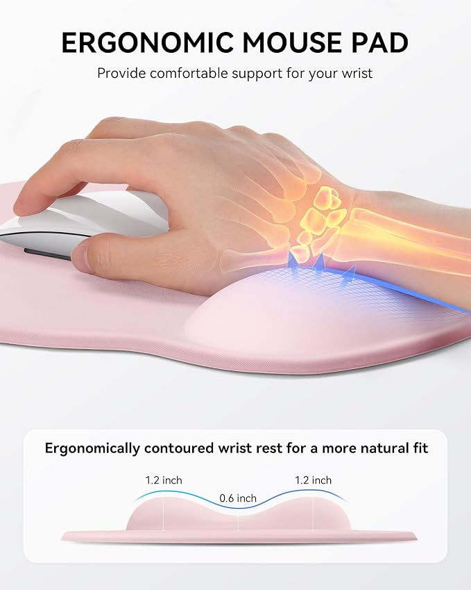 Mouse Pad with Wrist Rest for Desktop Large Ergonomic Mouse Mat(Light Pink) | 10.6''L x 9''W Size, Gel Wrist Support, Non-slip Base, Washable Surface, Laptop Mousepad