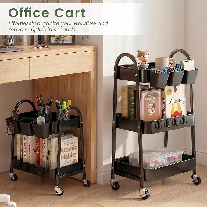 2-Tier Rolling Cart, Utility Cart Mobile Metal Rolling Storage Cart with Lockable Wheels & Hanging Cups & Hooks for Kitchen, Bathroom, Office, Workshop, Purple