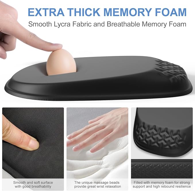 Ergonomic Mouse Pad with Wrist Rest, Memory Foam Support for Office | Sloped Ergonomic Design, Bumpy Massage Beads, Non-Slip PU Base, for Typing & Gaming, Black