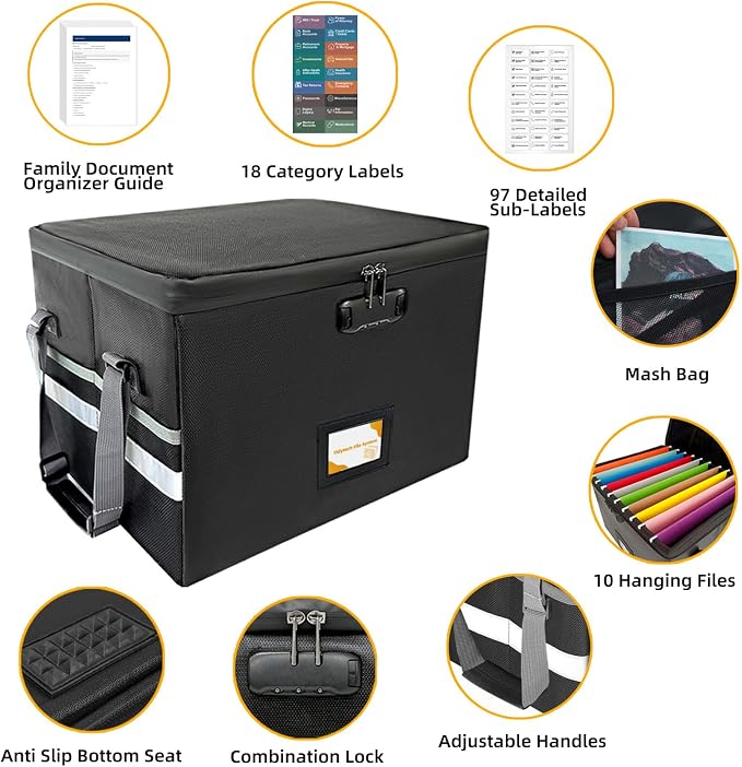 Deluxe Next of Kin Box Organizer with Labels,Estate Planning Organizer Kit | Fireproof Home & Office Organization with Family Document Guide,Foldable Document Organizer for Family,Combination Lock