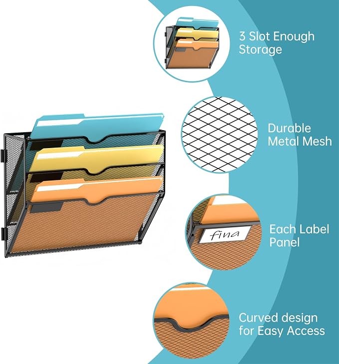 3 Tier Wall File Organizer, Hanging Wall Mounted Mail Organizer with Label Slots, Metal Mesh File Holder Magazine Rack for Office, Home, School or Classroom, Black, 2Pack