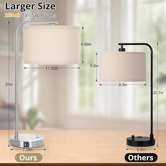 25" Tall Modern Bedside Lamp with USB C+A Ports, Fully Dimmable Table Lamp | NightstanDesk Lamp with Beige Drum Shade, Silver Finish Side Table Lamp for Living Room Bedroom Office, LED Bulb Included