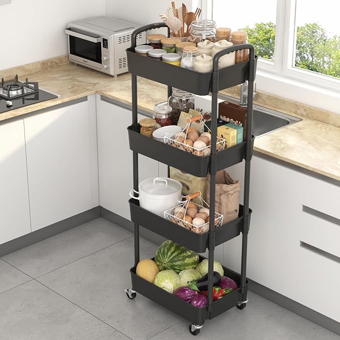 Sywhitta 4-Tier Plastic Rolling Utility Cart with Wheels for Storage, Black | Multi-Functional Storage Trolley, for Office, Living Room, Kitchen, Bathroom,Movable Organizer,Space-Saving,Easy to assemble