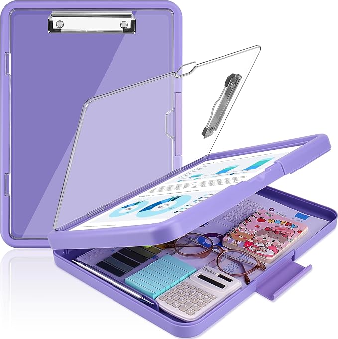 Meiikun Clipboard with Storage, Clip Boards 8.5x11 with Dual Storage, Plastic Clipboards Clear Visible Dry Erase Top Panel, High Capacity Clip Board Organizer for Work School Office (Violet)