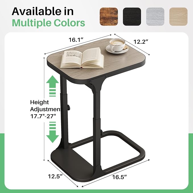 Kitstorack Height Adjustable End Table, Small Side Table for Couch, Sofa Table with Metal Frame for Living Room, Bedroom, Bedside C Shaped Table,Greige