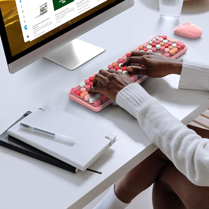 MOFII Wireless Keyboard and Mouse Combo, Pink Wireless Keyboard, 2.4GHz Retro Full Size with Number Pad & Cute Mouse for Computer PC Laptop Windows XP/7/8/10 (Pink-Colorful)