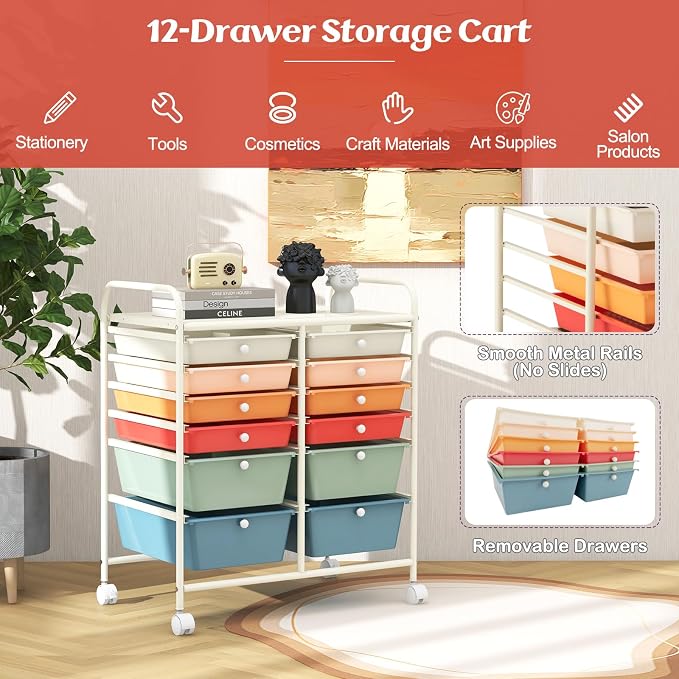 COSTWAY 12-Drawer Rolling Storage Cart, Moveable Art Craft Organizer | Lockable Wheels, Metal Shelf, Files Arrangement Tools Makeup Storage Cart for Office, Home, School (Macaron)