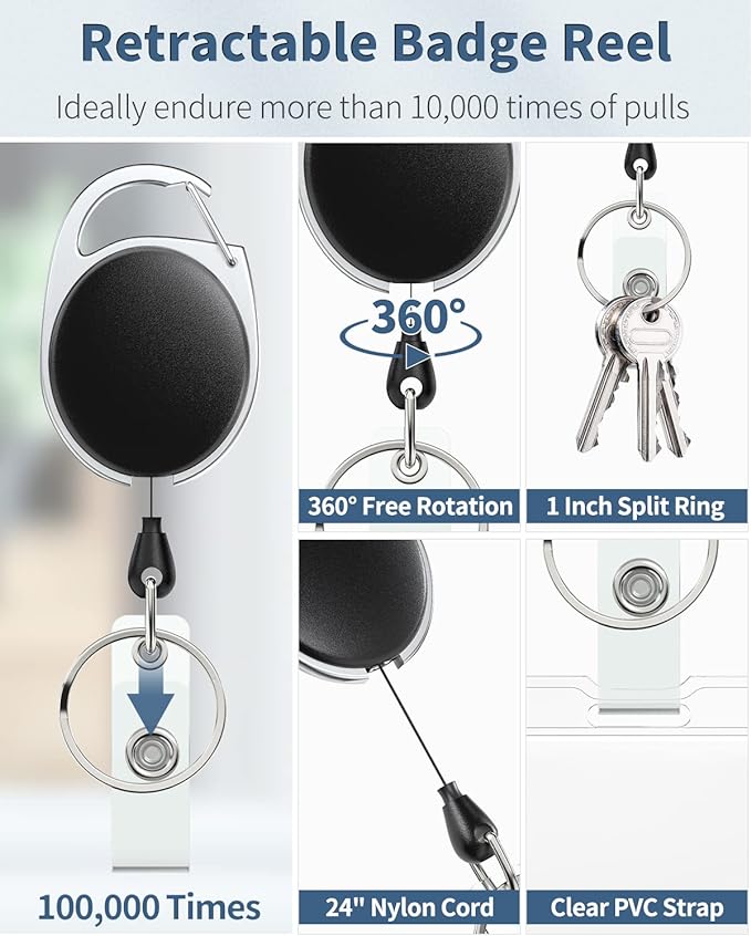 Uniclife 3 Pack Sliding Badge Holders with Reel for Office IDs | hard black sliding holders with retractable reels and carabiners keep office IDs, credit cards and key cards ready.