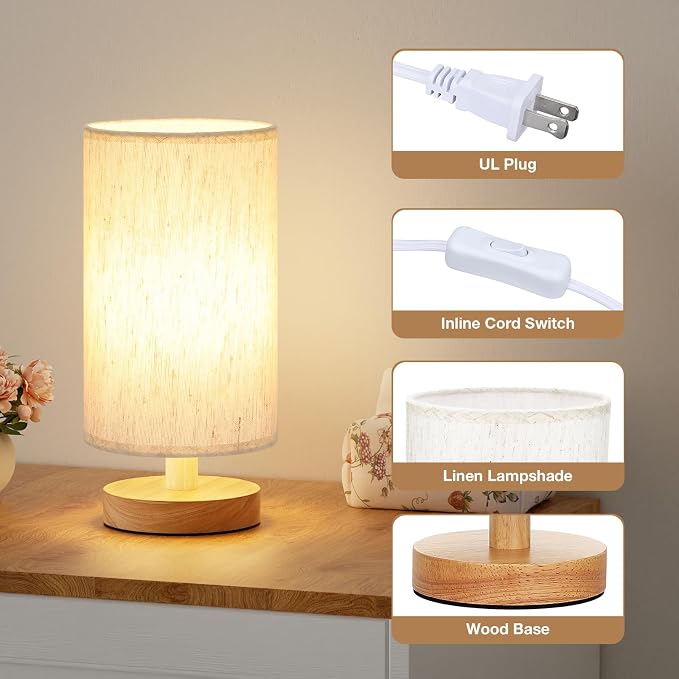 9" Small Table Lamp for Bedroom - Inline Control with 3000K Blub | Cream Shade and Wood Base | 680 Lumens | Easy Assembly | Minimalist Design | E26 | for Kitchen | for Kids Room