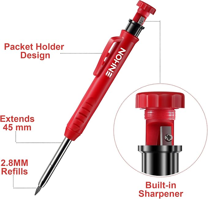 Enhon 4 Pack Carpenter Pencil Set with Sharpener, Black/Red/Yellow | 45mm Deep-Reach Tip, 36 Refill Leads, 2mm & 2.8mm Lead Sizes, Durable Construction, Pocket Clip, Multi-Surface Drawing