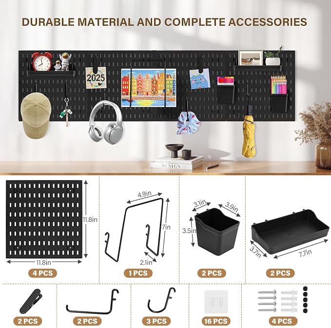 AKTOP Plastic Peg Board Wall Organizer 4-Pack, 12"x12" Pegboard Kit, Black | Includes 13 Accessories, Adhesive or Drill Mounting, Superior Load Capacity, Ideal for Office, Gaming Room, Craft Room