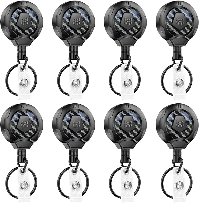 MNGARISTA Upgraded Heavy Duty Retractable Keychain with Belt Clip, 10 OZ Retraction, 31.5" Stainless Steel Cord Key Chain, 3K Carbon Fiber ID Badge Reel Holder with Badge Strap and Key Ring, 8 Pack