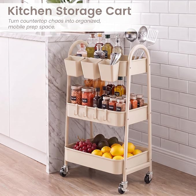 3-Tier Rolling Cart, Utility Cart Mobile Metal Rolling Storage Cart with Lockable Wheels & Hanging Cups & Hooks for Kitchen, Bathroom, Office, Workshop, Beige