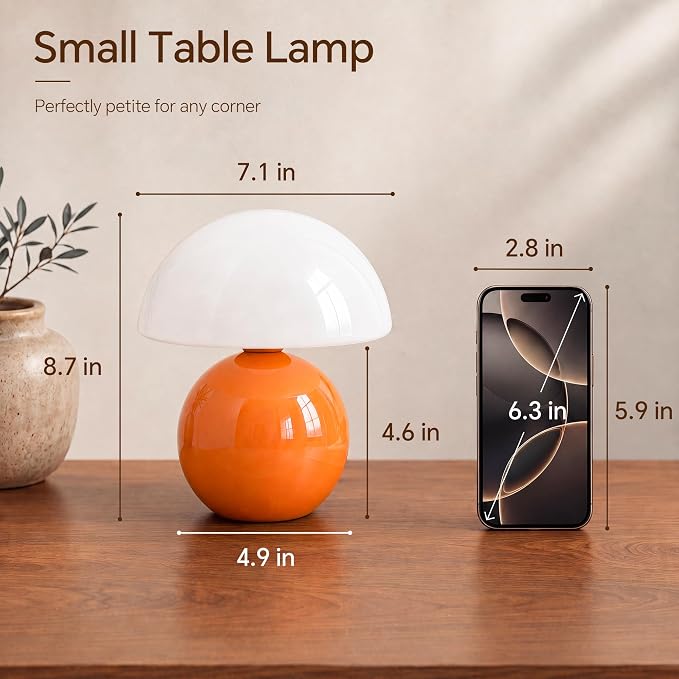 Mushroom Lamp Table Lamp for Bedroom-Small Desk Table Lamps,Orange | 8.7" Mid Century Modern Table Lamps for Living Room Bedroom Decor,Cute Ceramic Lamps for Mushroom Home Room Decor,Glass Shade