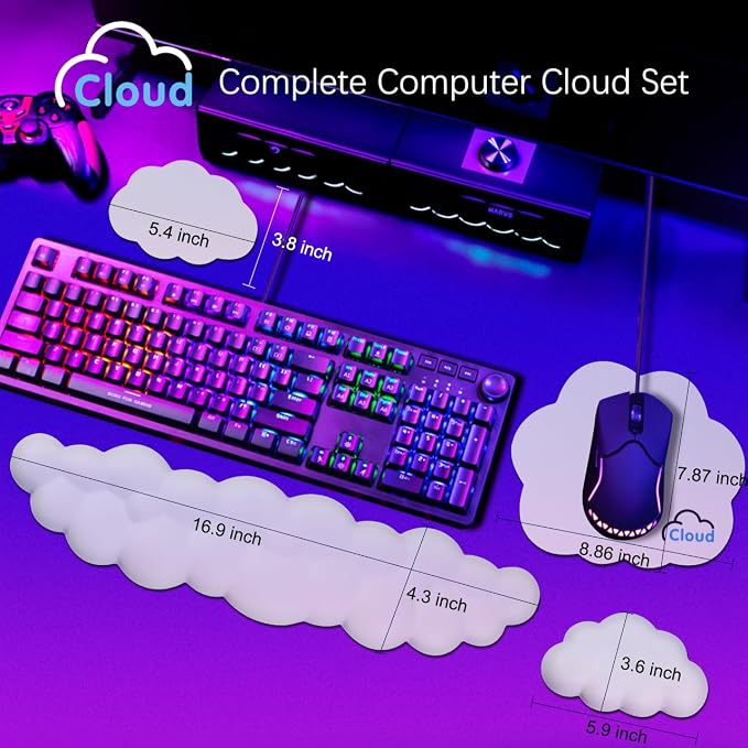 4 in 1 Ergonomic Leather Cloud Wrist Rest Keyboard and Mouse Pad & Coaster | Full 4-Piece Set, Non-Slip PU Base, Soft Memory Foam Comfort For Long Work/Gaming Hours, Cute Desk Decor, Easy To Clean