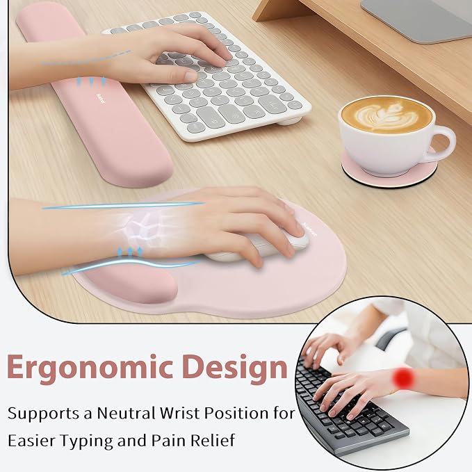 Mouse Pad and Keyboard Wrist Rest, 3-in-1 Gel Memory Foam Ergonomic Mouse Pad with Wrist Rest Set, Gaming Mousepad Arm Cushion Support for Computer Office Desk Accessories Cute Setup, Pink
