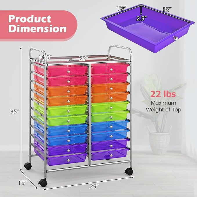 RELAX4LIFE 20 Drawer Rolling Storage Cart, Mobile Rolling Cart w/Drawers for School Classroom Teacher Office Home Salon, Paper File Art Supply Craft Organizer, Utility Cart on Wheels (Rainbow)