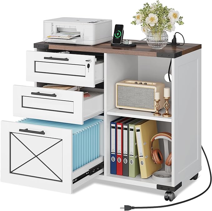 DEVAISE Wood File Cabinet with Charging Station,White | Mobile Lateral Filing Cabinet, Lock, Home Office, Printer Stand, Open Storage Shelves