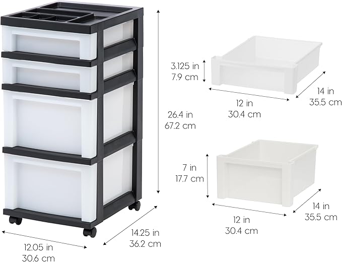 IRIS USA 4-Drawer Rolling Storage Cart with Organizer Top, Black/Pearl | Keep classroom supplies, teacher essentials, craft materials, and learning tools organized with easy-access drawers.