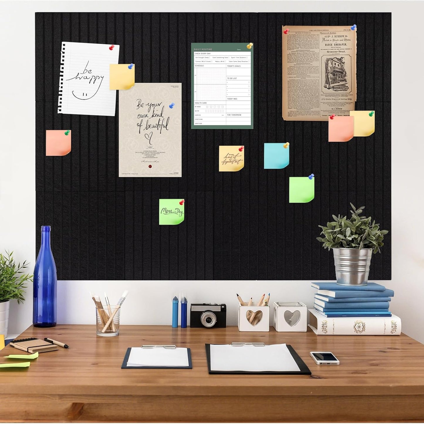 Large Cork Board Alternative, 12 Pack Felt Board with Safe Removable Adhesive Tabs Felt Wall Tiles, Large Cork Boards for Walls, Cork Board for Home Office, Pin Boards for Walls, Stripe Black