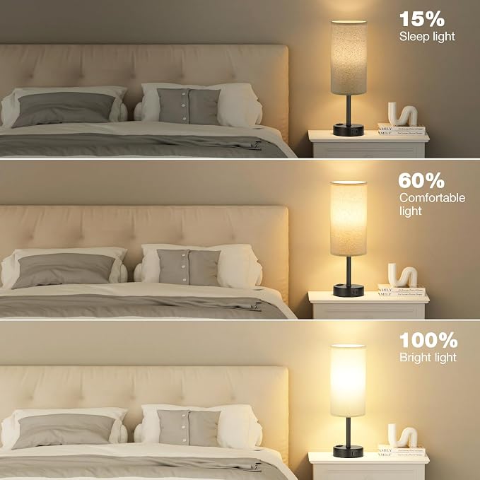 Beige Touch Table Lamp for Bedroom - 3 Way Dimmable Bedside Lamp USB C Charging Ports and AC Outlet, Small Lamp with Fabric Shade Black Base for Living Room, Office Desk, LED Bulb Included