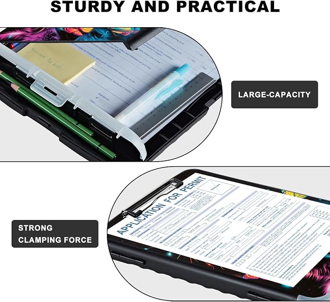 Clipboard with Storage,Storage Clipboard with Pen Holder,Heavy Duty Plastic Storage Clipboard with Low Profile Clip,Teacher Must Haves,Clipboard Folder,Office Supplies,Cat and Butterflies -1349