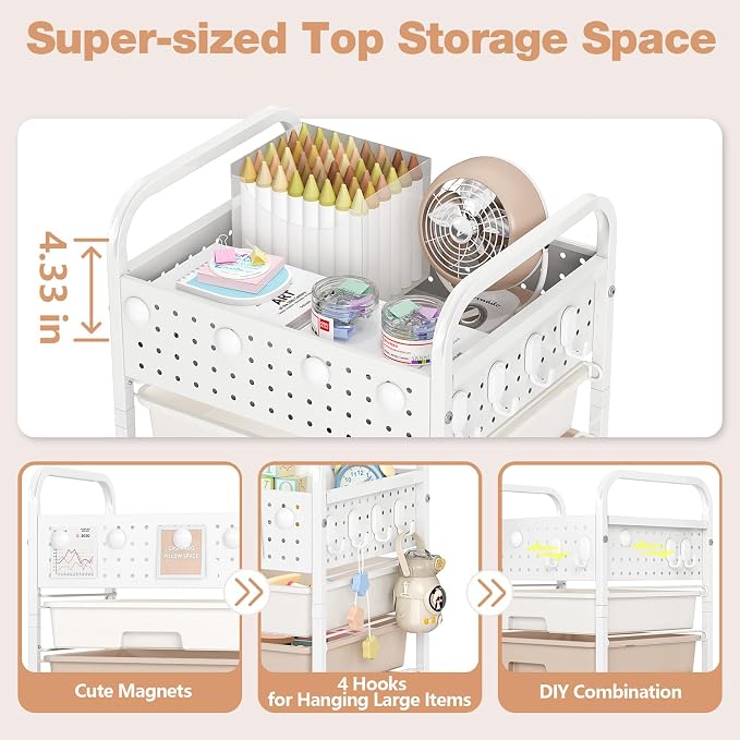 4 Drawer Rolling Storage Cart with Pegboard Top and Hooks, Brown | Mobile Organizer Cart with Wheels for Office Supplies, Craft Storage, Classroom Organization, Home Utility Cart