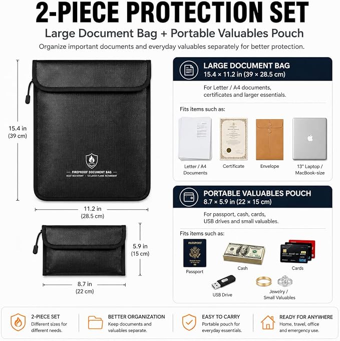 Fireproof Document Bag Set, 6400°F, 15.4x11.2'', 8.7x5.9'' | 12-layer Fireproof & Water Resistant File Bag, Non-itchy Fiberglass, Large File Storage & Money Pouch