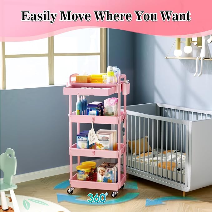 SUNALLY 4 Tier Rolling Cart with Drawer, Craft Storage Cart Organizer, Pink | Bathroom Storage Organizer with 2 Lockable Wheels, Rolling Utility Cart for Kitchen, Office, Baby, Makeup, Nail,Snack,Laundry