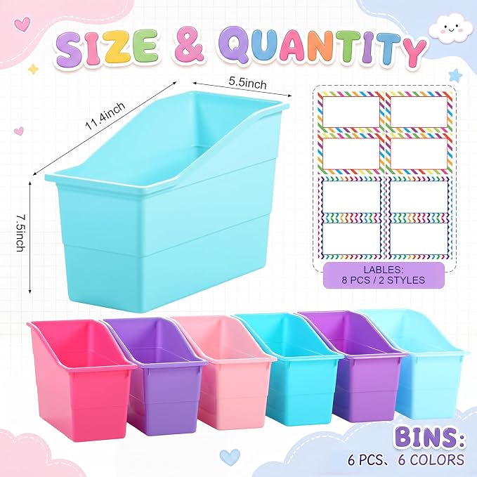 Blosssound 6 Set Book Bins for Classroom with Label Sticker Book Box Baskets Plastic Stackable Organizing Bins Storage & Organization for Classroom Library Home School Supplies (Purple Pastel)