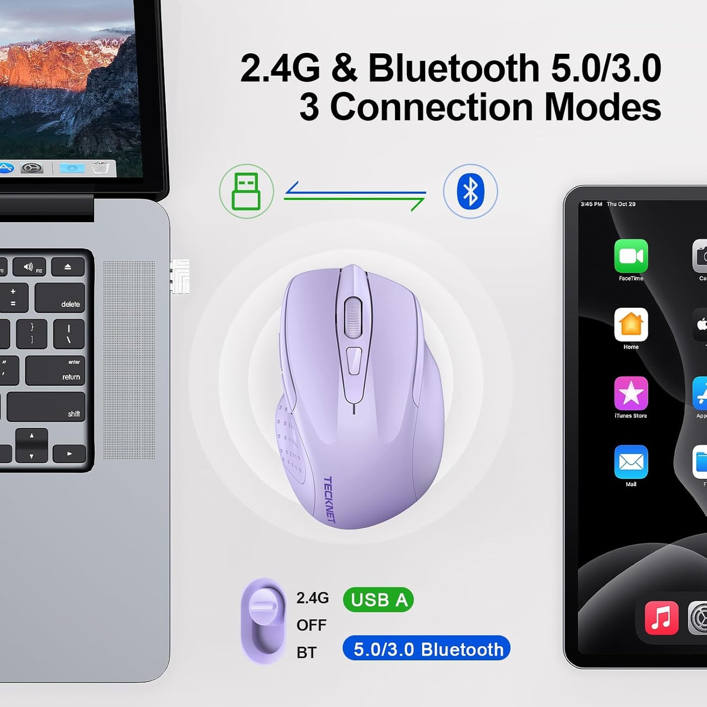 TECKNET Wireless Mouse (BT5.0/3.0 & 2.4G) Rechargeable 4800 DPI Silent USB A & Bluetooth Mouse 6 Buttons, Wide Compatibility - Lavender