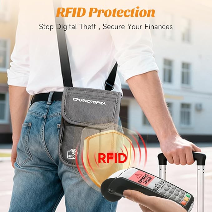 Neck Wallet & RFID Blocking Passport Holder for Travel – Waterproof Hidden Travel Wallet with Card Slots, Adjustable Strap, Portable Document Organizer for Men, Women (Gift) Grey
