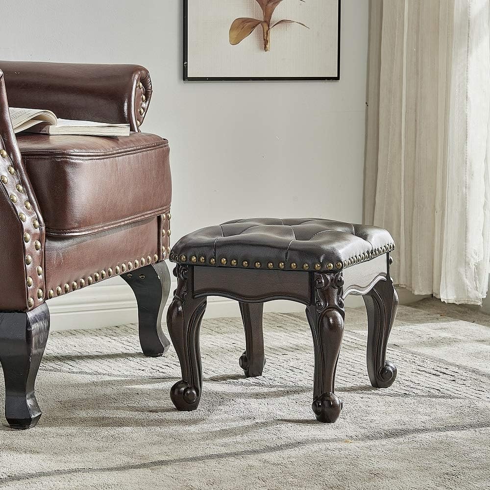 LEILISI Small Footstool Brown Leather Ottoman,Vintage Carved Upholstered Footrest, Rubber Wooden Foot Rest Stool Sofa Stool (Black-Brown)